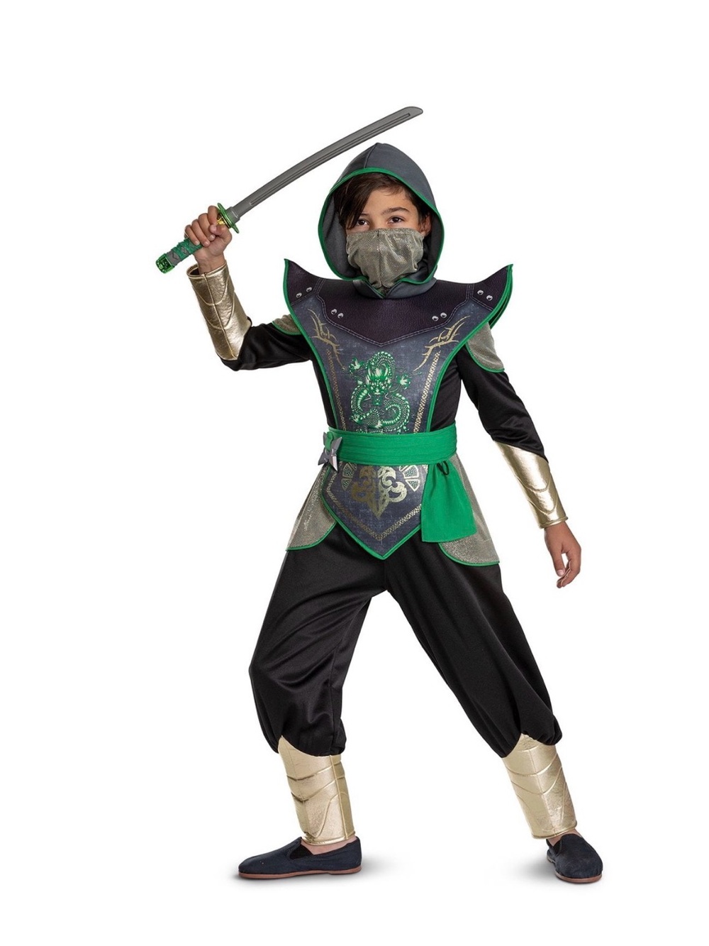 Green Ninja Warrior Kids Costume with Hood and Mask—Size S (4-6)